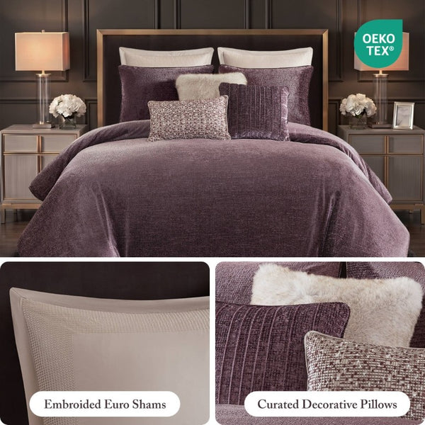 English Elm 8-Piece Queen Comforter Set Velvet Jacquard Faux Fur Embroidered Mauve Bedding Collection B035P549325
