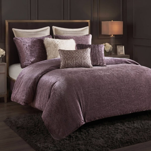 English Elm 8-Piece Queen Comforter Set Velvet Jacquard Faux Fur Embroidered Mauve Bedding Collection B035P549325