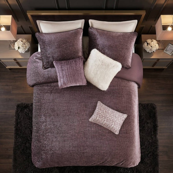 English Elm 8-Piece Queen Comforter Set Velvet Jacquard Faux Fur Embroidered Mauve Bedding Collection B035P549325
