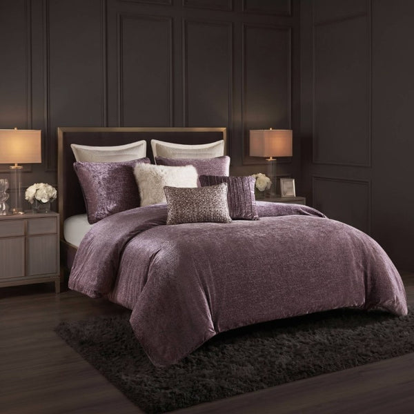 English Elm 8-Piece Queen Comforter Set Velvet Jacquard Faux Fur Embroidered Mauve Bedding Collection B035P549325