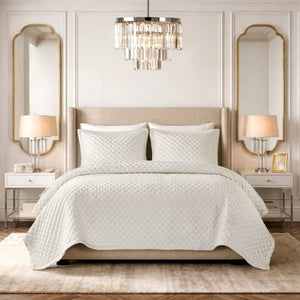 English Elm 3-Piece Queen Velvet Coverlet Set with Cross-Stitch Quilting for Elegant Bedrooms White B035P549327
