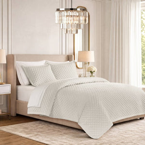 English Elm 3-Piece Queen Velvet Coverlet Set with Cross-Stitch Quilting for Elegant Bedrooms White B035P549327