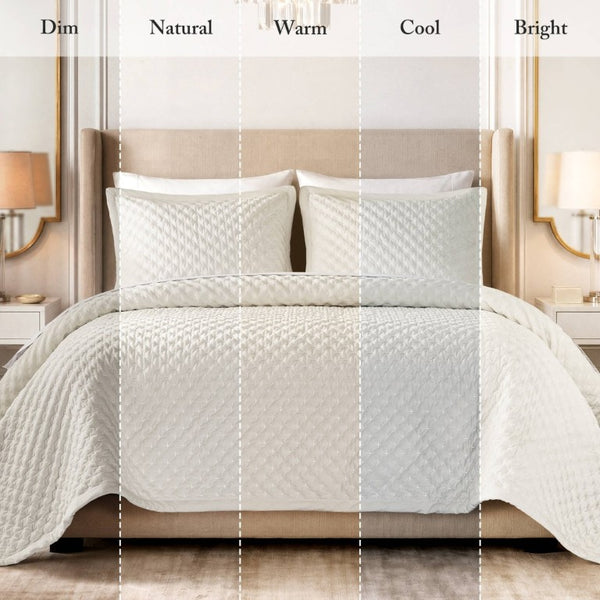 English Elm 3-Piece Queen Velvet Coverlet Set with Cross-Stitch Quilting for Elegant Bedrooms White B035P549327