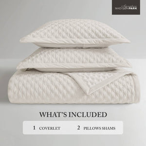 English Elm 3-Piece Queen Velvet Coverlet Set with Cross-Stitch Quilting for Elegant Bedrooms White B035P549327