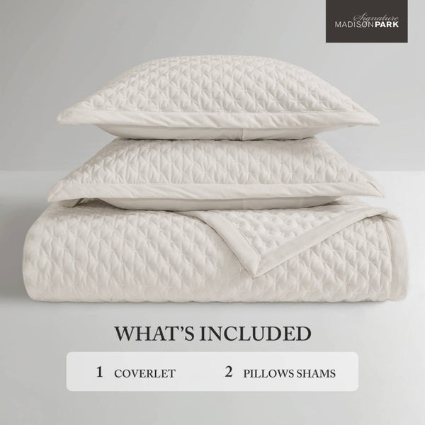 English Elm 3-Piece Queen Velvet Coverlet Set with Cross-Stitch Quilting for Elegant Bedrooms White B035P549327