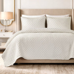 English Elm 3-Piece Queen Velvet Coverlet Set with Cross-Stitch Quilting for Elegant Bedrooms White B035P549327