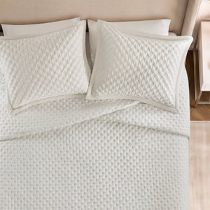 English Elm 3-Piece Queen Velvet Coverlet Set with Cross-Stitch Quilting for Elegant Bedrooms White B035P549327
