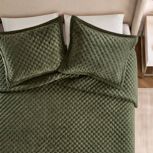 English Elm 3-Piece Queen Velvet Coverlet Set with Cross-Stitch Quilting for Elegant Bedrooms Green B035P549329