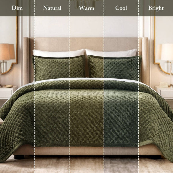 English Elm 3-Piece Queen Velvet Coverlet Set with Cross-Stitch Quilting for Elegant Bedrooms Green B035P549329