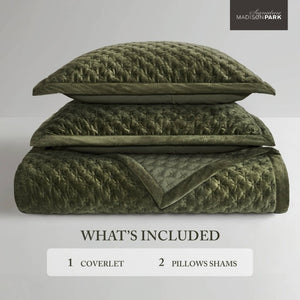 English Elm 3-Piece Queen Velvet Coverlet Set with Cross-Stitch Quilting for Elegant Bedrooms Green B035P549329