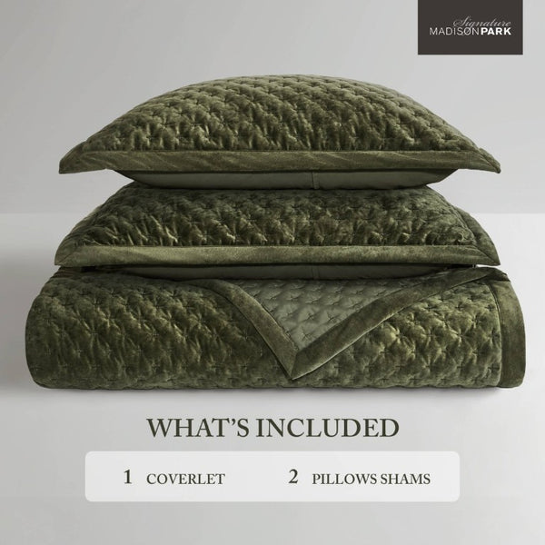 English Elm 3-Piece Queen Velvet Coverlet Set with Cross-Stitch Quilting for Elegant Bedrooms Green B035P549329