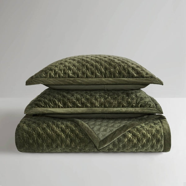 English Elm 3-Piece Queen Velvet Coverlet Set with Cross-Stitch Quilting for Elegant Bedrooms Green B035P549329