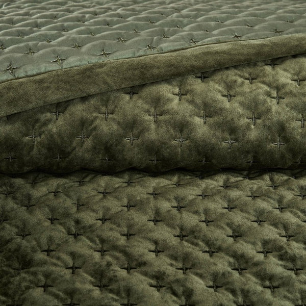 English Elm 3-Piece Queen Velvet Coverlet Set with Cross-Stitch Quilting for Elegant Bedrooms Green B035P549329