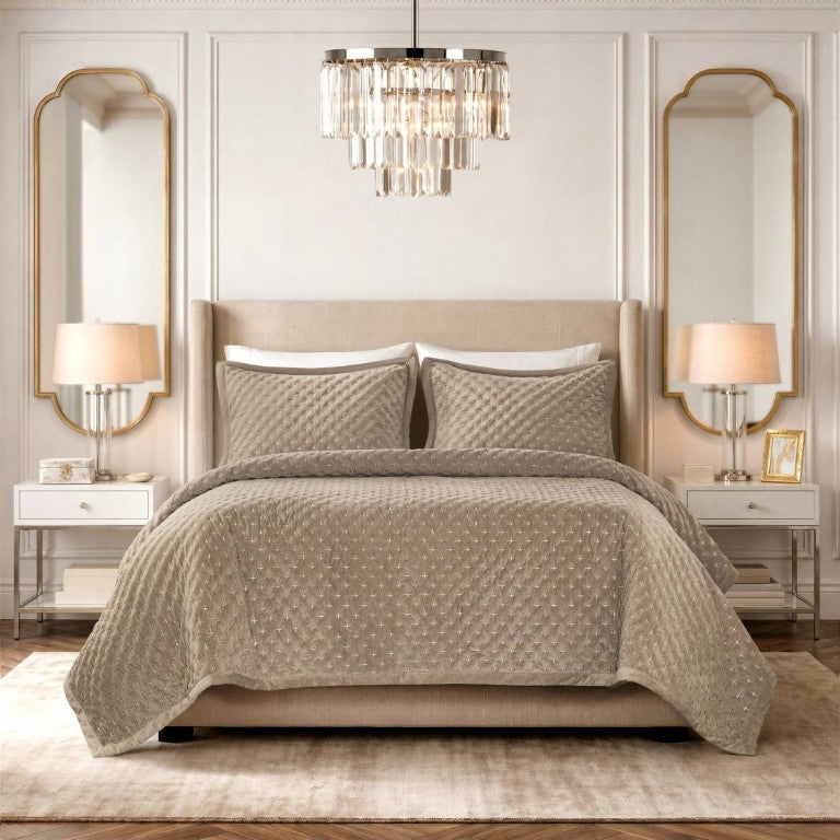 English Elm 3-Piece Queen Velvet Coverlet Set with Cross-Stitch Quilting for Elegant Bedrooms Taupe B035P549331