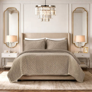 English Elm 3-Piece Queen Velvet Coverlet Set with Cross-Stitch Quilting for Elegant Bedrooms Taupe B035P549331