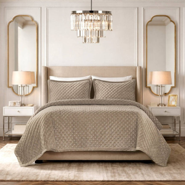 English Elm 3-Piece Queen Velvet Coverlet Set with Cross-Stitch Quilting for Elegant Bedrooms Taupe B035P549331
