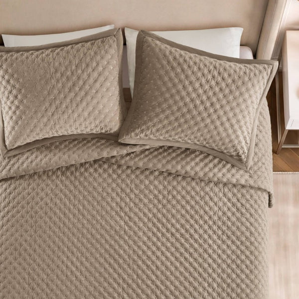 English Elm 3-Piece Queen Velvet Coverlet Set with Cross-Stitch Quilting for Elegant Bedrooms Taupe B035P549331