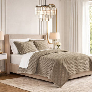 English Elm 3-Piece Queen Velvet Coverlet Set with Cross-Stitch Quilting for Elegant Bedrooms Taupe B035P549331