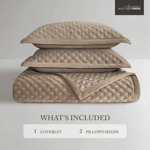 English Elm 3-Piece Queen Velvet Coverlet Set with Cross-Stitch Quilting for Elegant Bedrooms Taupe B035P549331