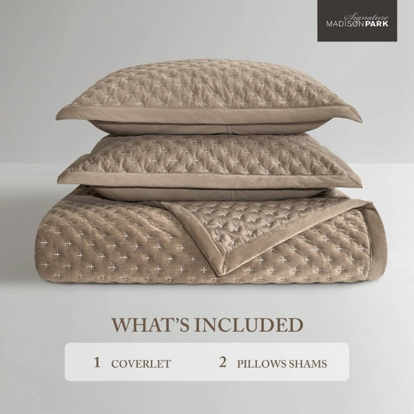 English Elm 3-Piece Queen Velvet Coverlet Set with Cross-Stitch Quilting for Elegant Bedrooms Taupe B035P549331