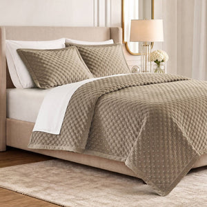 English Elm 3-Piece Queen Velvet Coverlet Set with Cross-Stitch Quilting for Elegant Bedrooms Taupe B035P549331