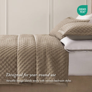 English Elm 3-Piece Queen Velvet Coverlet Set with Cross-Stitch Quilting for Elegant Bedrooms Taupe B035P549331