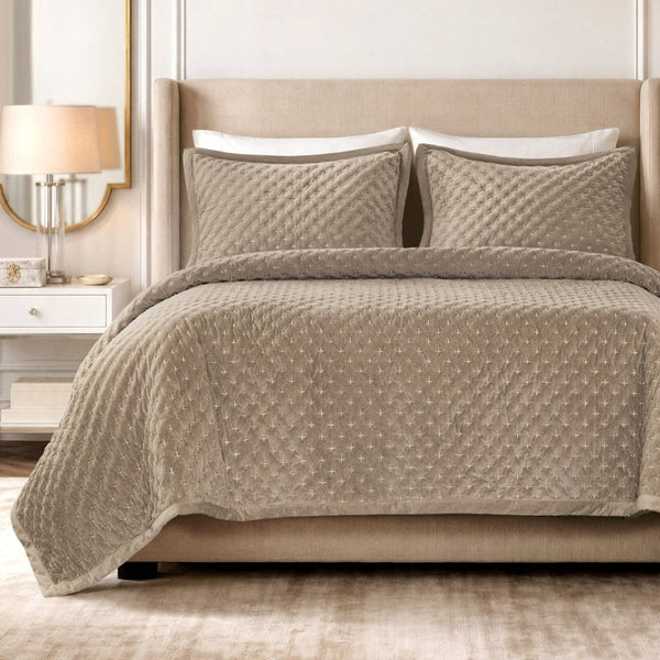 English Elm 3-Piece Queen Velvet Coverlet Set with Cross-Stitch Quilting for Elegant Bedrooms Taupe B035P549331