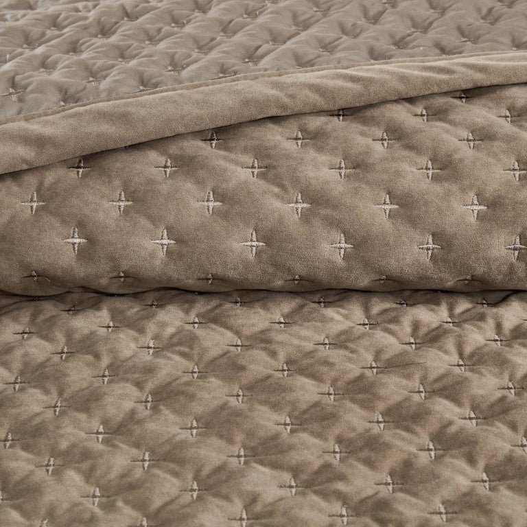 English Elm 3-Piece Queen Velvet Coverlet Set with Cross-Stitch Quilting for Elegant Bedrooms Taupe B035P549331