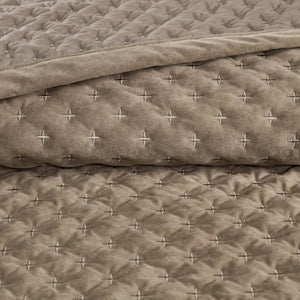 English Elm 3-Piece Queen Velvet Coverlet Set with Cross-Stitch Quilting for Elegant Bedrooms Taupe B035P549331