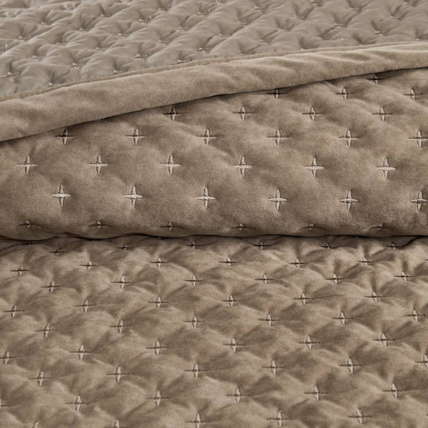English Elm 3-Piece Queen Velvet Coverlet Set with Cross-Stitch Quilting for Elegant Bedrooms Taupe B035P549331