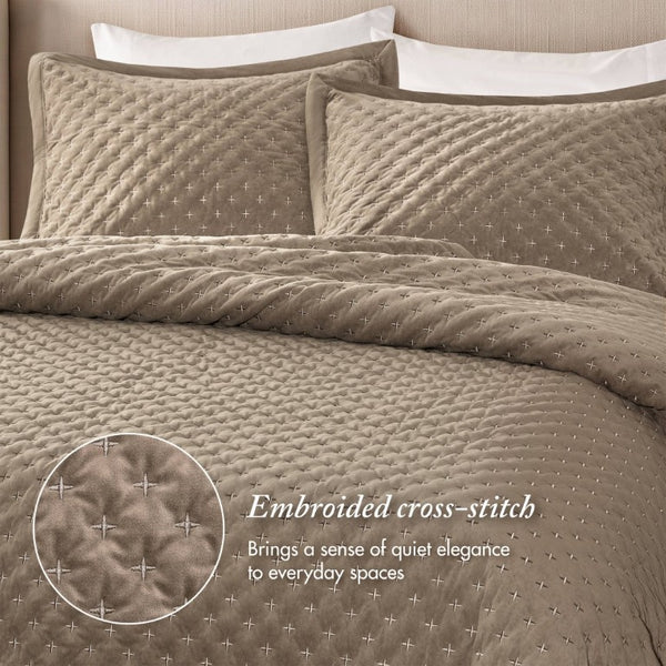 English Elm 3-Piece Queen Velvet Coverlet Set with Cross-Stitch Quilting for Elegant Bedrooms Taupe B035P549331