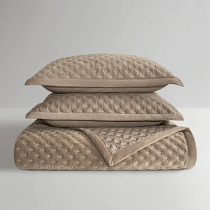 English Elm 3-Piece Queen Velvet Coverlet Set with Cross-Stitch Quilting for Elegant Bedrooms Taupe B035P549331