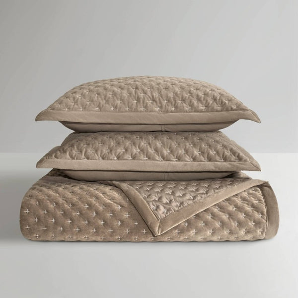 English Elm 3-Piece Queen Velvet Coverlet Set with Cross-Stitch Quilting for Elegant Bedrooms Taupe B035P549331