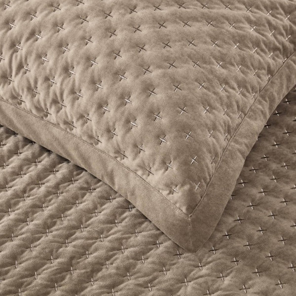 English Elm 3-Piece Queen Velvet Coverlet Set with Cross-Stitch Quilting for Elegant Bedrooms Taupe B035P549331