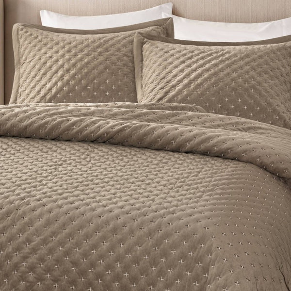 English Elm 3-Piece Queen Velvet Coverlet Set with Cross-Stitch Quilting for Elegant Bedrooms Taupe B035P549331