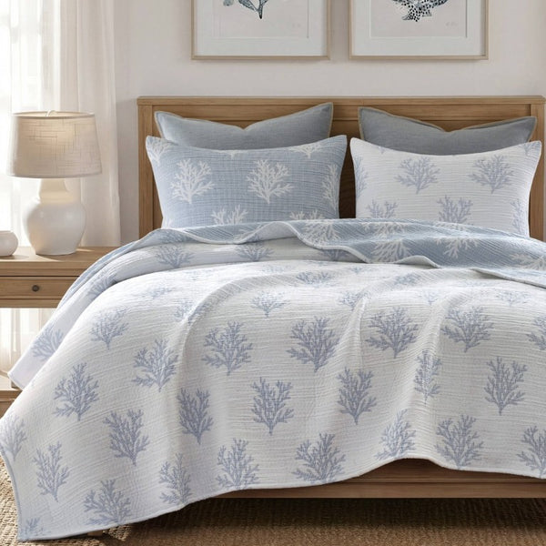 English Elm 3-Piece Reversible Cotton Blend Quilt Set for Full Queen Beds with Yarn-Dyed Fabric Blue B035P549337