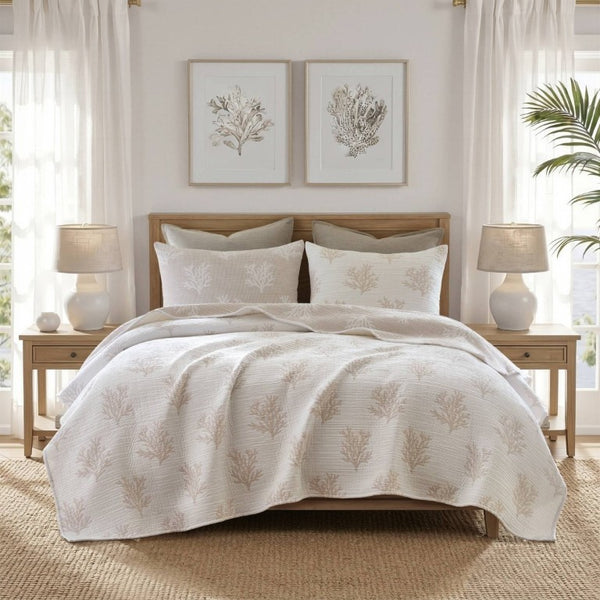 English Elm 3-Piece Reversible Cotton Blend Quilt Set for Full Queen Beds with Yarn-Dyed Fabric Tan/Gray B035P549339