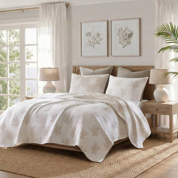 English Elm 3-Piece Reversible Cotton Blend Quilt Set for Full Queen Beds with Yarn-Dyed Fabric Tan/Gray B035P549339