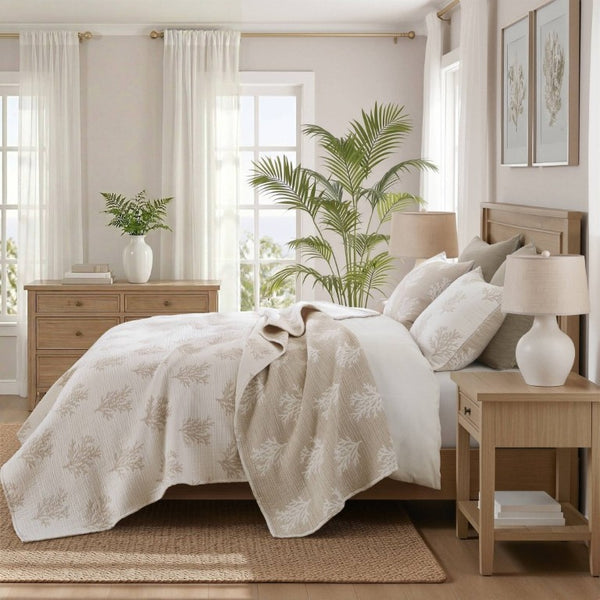 English Elm 3-Piece Reversible Cotton Blend Quilt Set for Full Queen Beds with Yarn-Dyed Fabric Tan/Gray B035P549339