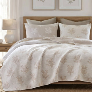 English Elm 3-Piece Reversible Cotton Blend Quilt Set for Full Queen Beds with Yarn-Dyed Fabric Tan/Gray B035P549339