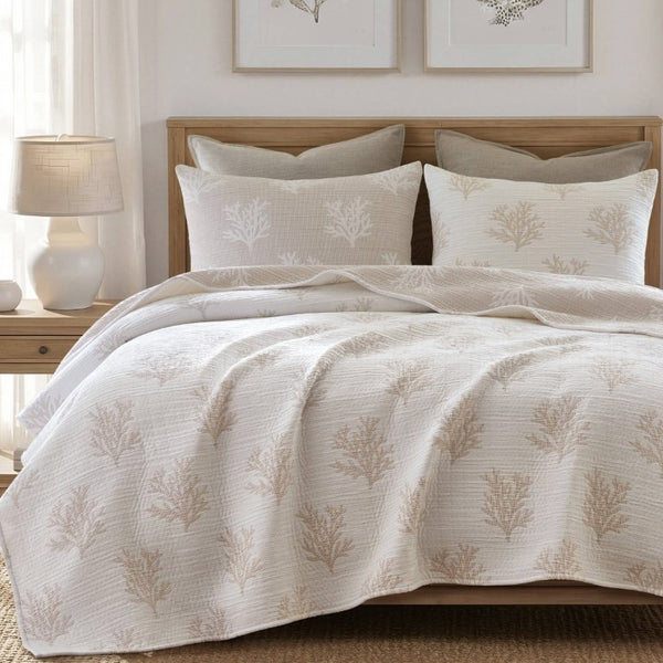 English Elm 3-Piece Reversible Cotton Blend Quilt Set for Full Queen Beds with Yarn-Dyed Fabric Tan/Gray B035P549339