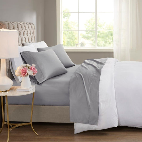 English Elm 4-Piece Cal King Sateen Sheet Set Cooling Cotton Blend Deep Pocket Breathable Bedding Grey B035P549345