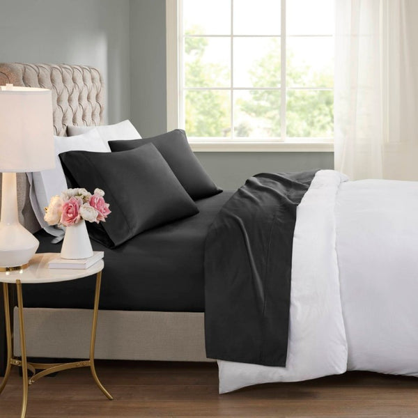 English Elm 4-Piece Cal King Sateen Sheet Set Cooling Cotton Blend Deep Pocket Breathable Bedding Black B035P549346