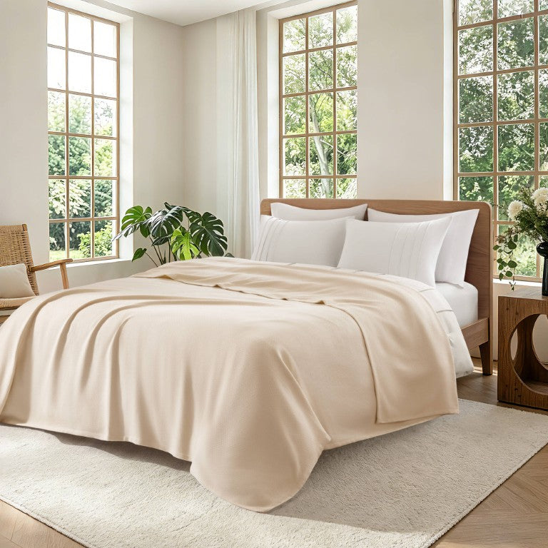 English Elm 1 King Egyptian Cotton Blanket Micro Herringbone Weave Breathable Oeko Tex Certified Beige B035P600750