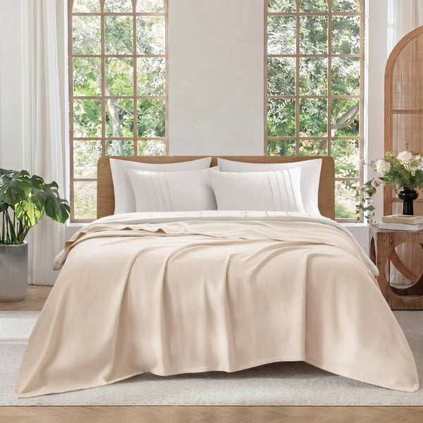 English Elm 1 King Egyptian Cotton Blanket Micro Herringbone Weave Breathable Oeko Tex Certified Beige B035P600750