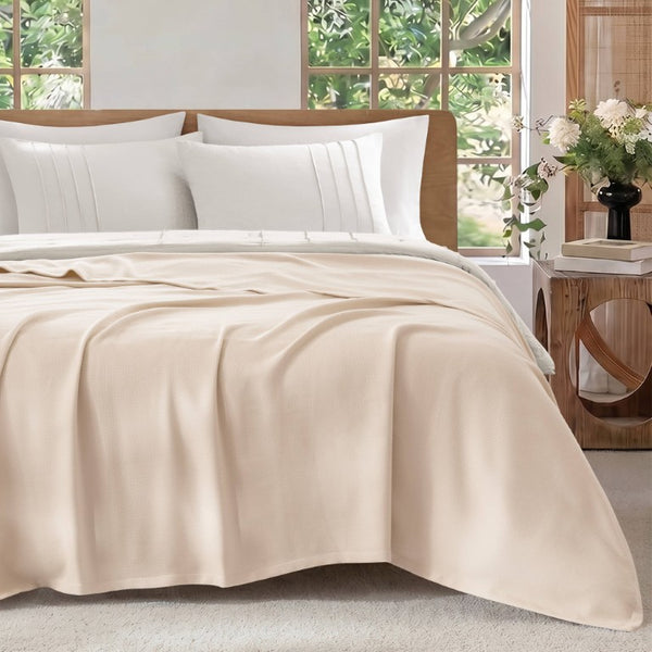 English Elm 1 King Egyptian Cotton Blanket Micro Herringbone Weave Breathable Oeko Tex Certified Beige B035P600750