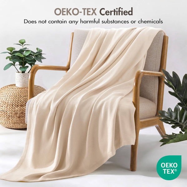 English Elm 1 King Egyptian Cotton Blanket Micro Herringbone Weave Breathable Oeko Tex Certified Beige B035P600750
