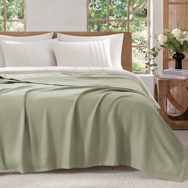 English Elm 1 King Egyptian Cotton Blanket Micro Herringbone Weave Breathable Oeko Tex Certified Green B035P600756