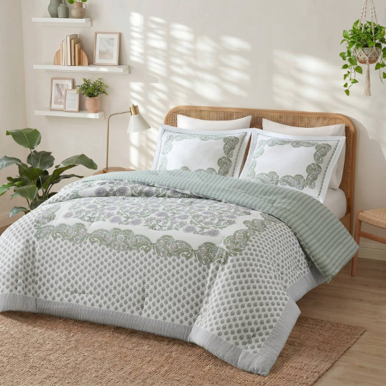 English Elm 3 Piece King Comforter Set Floral Medallion Cotton Blend Reversible Cottage Bedroom Green B035P600760