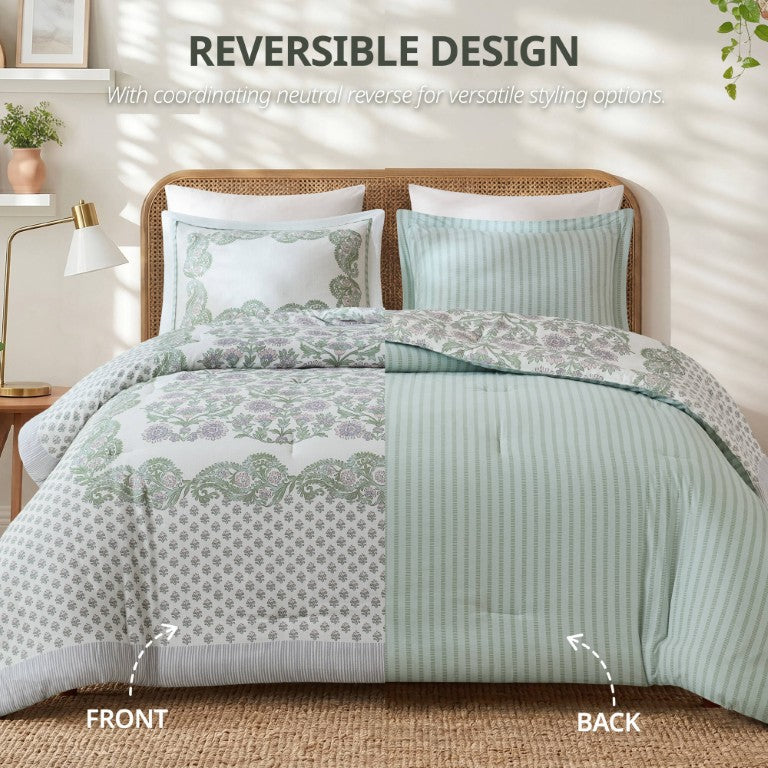 English Elm 3 Piece King Comforter Set Floral Medallion Cotton Blend Reversible Cottage Bedroom Green B035P600760